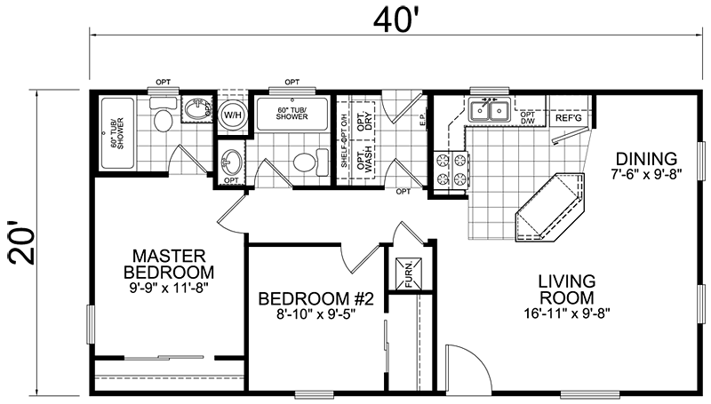 2 Bedroom 1.5 Bath 859 sq ft 20x40 House Model 7R PDF Floor Plan 